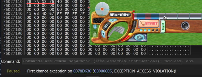 The debugger has paused with an access violation, mid-game
