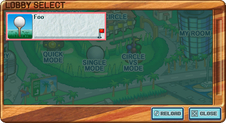 The "Lobby Select" window has a list with one entry, which I named "Foo", and buttons to Reload and Close the list.